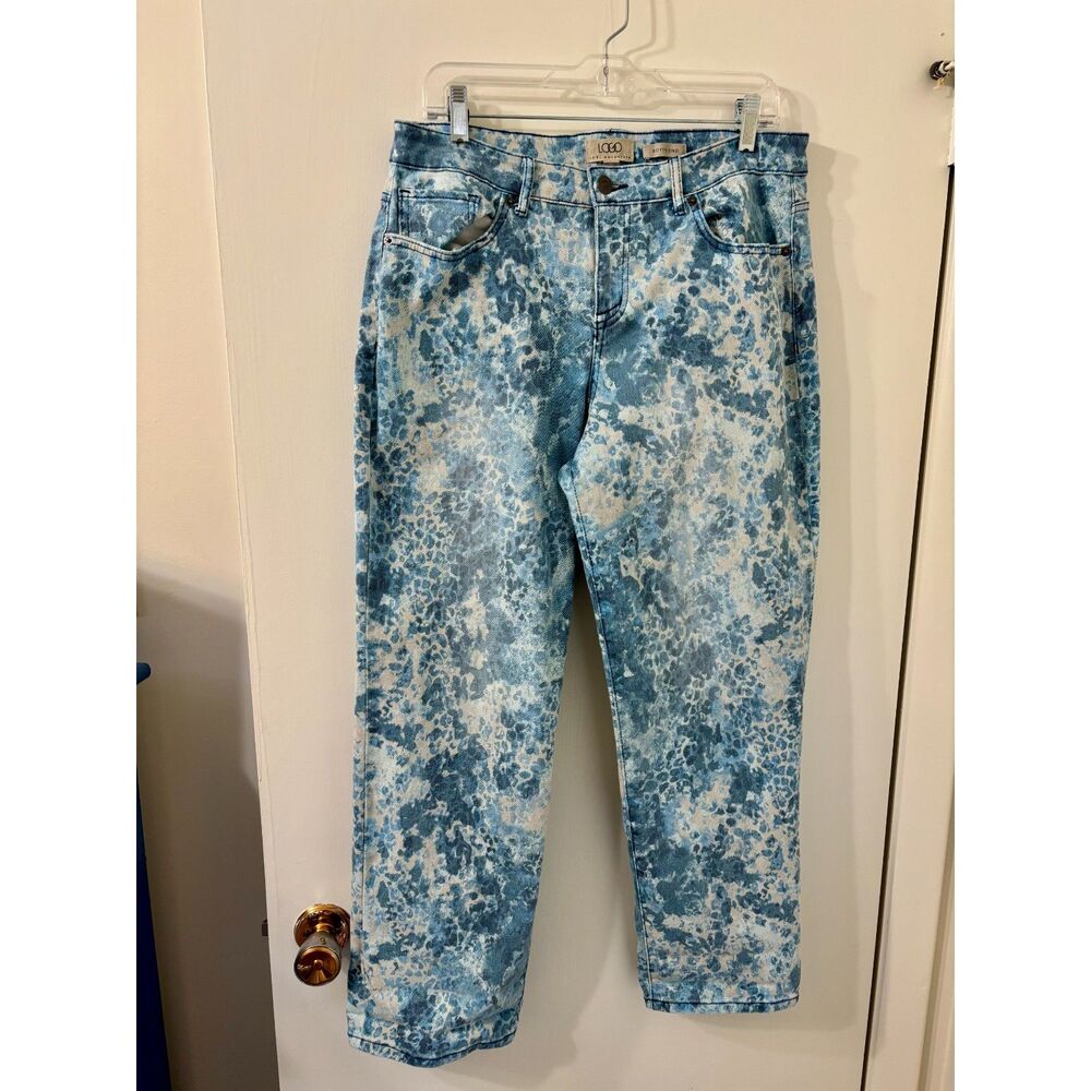 LOGO Lori Goldstein Womens Size 10 Blue Leopard Painterly Print Boyfriend Jeans